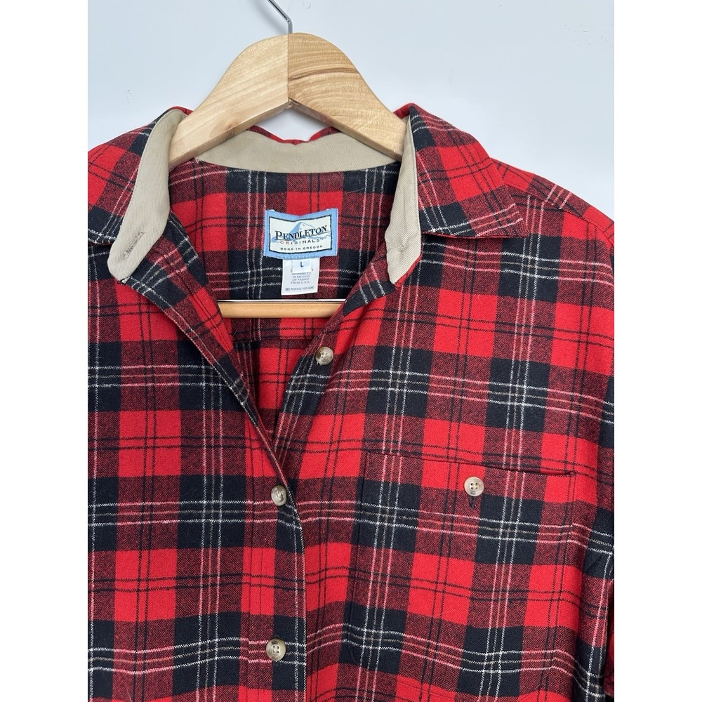 Pendleton Originals 100% Wool Plaid Flannel Red Black Mens Size Large Buttons - Picture 5 of 9
